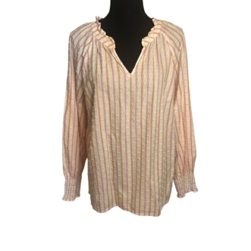 Talbots Sz M Pink Striped Jacquard Blouse Smocked Cuff Textured Swiss Dot Ruffle - Picture 2 of 9